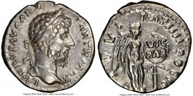 Lucius Verus (AD 161-169). AR denarius (18mm, 1h). NGC Choice VF. Rome, AD 166. L VERVS AVG ARM - PARTH MAX, head laureate right / TR P VI - IMP IIII ...