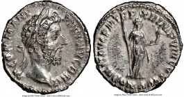 Commodus (AD 177-192). AR denarius (16mm, 11h). NGC AU. Rome, AD 186-187. M COMMANT P FEL AVG BRIT, laureate head of Commodus right / NOBILIT AVG P M ...