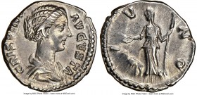 Crispina (AD 177-182/3). AR denarius (18mm, 6h). NGC XF. Rome, AD 178-192. CRISPINA-AVGVSTA, draped bust of Crispina right, hair weaved in rows and tu...