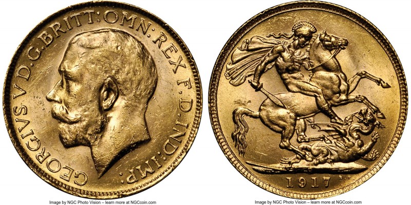 George V gold Sovereign 1917-P MS62 NGC, Perth mint, KM29. AGW 0.2355 oz. Ex. Te...