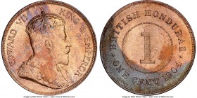 British Colony. Edward VII Cent 1904 MS64 Red and Brown NGC, KM11. The reverse depicts an intriguing steel-blue crescent amidst original mint red. 
...