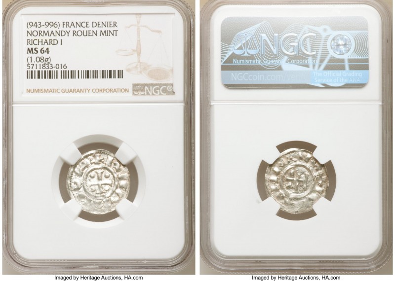 Normandy. Richard I Denier ND (943-996) MS64 NGC, Rouen mint, Dup-16. 19mm. 1.08...