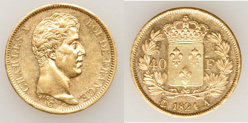Charles X gold 40 Francs 1824-A AU (Excessive Hairlines), KM721.1. 26mm. AGW 0.3...