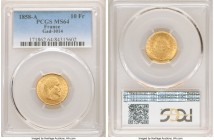 Napoleon III gold 10 Francs 1858-A MS64 PCGS, Paris mint, KM784.3, Gad-1014. AGW 0.0933 oz. 

HID09801242017

© 2020 Heritage Auctions | All Right...
