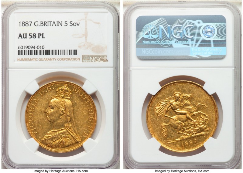 Victoria gold 5 Pounds 1887 AU58 Prooflike NGC, KM769, S-3864. AGW 1.1775 oz.
...