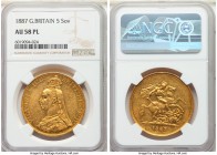 Victoria gold 5 Pounds 1887 AU58 Prooflike NGC, KM769, S-3864. Accompanied by an uncommon Prooflike superlative, especially below Mint State. AGW 1.17...