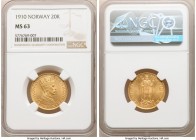 Haakon VII gold 20 Kroner 1910 MS63 NGC, Kongsberg mint, KM376. One year type. 

HID09801242017

© 2020 Heritage Auctions | All Rights Reserved
