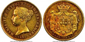 Maria II gold 2500 Reis 1851 AU58 NGC, Lisbon mint, KM487. Boldly struck issue with aged fiery red recessed toning to enhance the overall eye appeal. ...