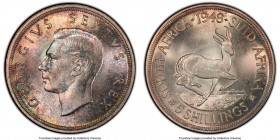 George VI Prooflike 5 Shillings 1948 PL67 PCGS, KM40.1. Mintage: 1,000. Satin fields with cartwheel luster, gold, merlot and steel-blue toning. 

HI...