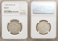 Philip V 2 Reales 1729-S AU53 NGC, Seville mint, KM340. Pale silver surfaces with a centered strike and minimal luster to the peripheries.

HID09801...