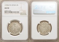 Philip V 2 Reales 1735 S-PA AU50 NGC, Seville mint, KM355. 

HID09801242017

© 2020 Heritage Auctions | All Rights Reserved