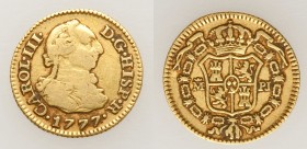 Charles III gold 1/2 Escudo 1777 M-PJ Fine, Madrid mint, KM415.1. 15mm. AGW 0.049 oz.

HID09801242017

© 2020 Heritage Auctions | All Rights Reser...