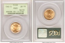Confederation gold 20 Francs 1949-B MS65 PCGS, Bern mint, KM35.2. Lovely surfaces in a rose-gold color. AGW 0.1867 oz. 

HID09801242017

© 2020 He...
