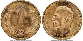 Alexander I gold 20 Dinara 1925 MS65 NGC, KM7. One year type. Bold strike with virtually unmarked fields, chiseled edge design encompassing the elemen...