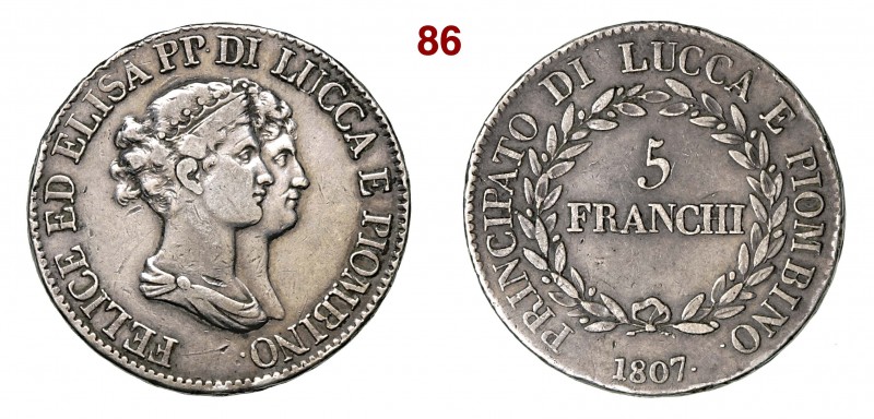 LUCCA e PIOMBINO ELISA BONAPARTE e FELICE BACIOCCHI (1805-1814) 5 Franchi 1807 F...