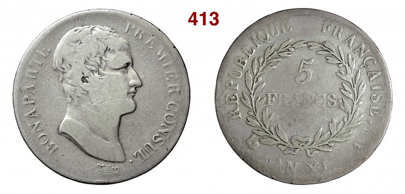 FRANCIA NAPOLEONE I, Console (1799-1804) 5 Franchi An. XI Parigi Ag B