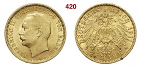 GERMANIA - Baden FRIEDRICH II (1907-1918) 20 Mark 1911 G Fb. 3760 Au g 7,95 • Colpetti BB/SPL