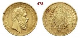 GERMANIA - Württemberg KARL I (1864-1891) 20 Mark 1872 F Fb. 3870 Au g 7,91 • Due lievissimi colpetti BB+