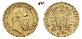 GERMANIA - Württemberg KARL I (1864-1891) 20 Mark 1873 F Fb. 3870 Au g 7,89 BB+