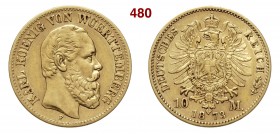 GERMANIA - Württemberg KARL I (1864-1891) 10 Mark 1873 F Fb. 3872 Au g 7,89 BB