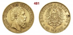 GERMANIA - Württemberg KARL I (1864-1891) 10 Mark 1874 F Fb. 3871 Au g 3,95 SPL