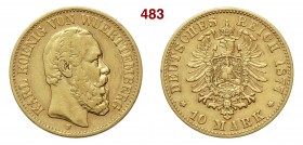 GERMANIA - Württemberg KARL (1864-1891) 10 Mark 1877 F Fb. 3873 Au g 3,93 q.BB/BB+