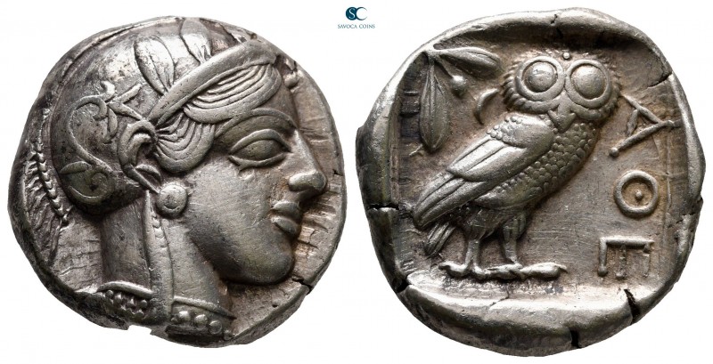 Attica. Athens circa 454-404 BC.
Tetradrachm AR

25 mm, 17,13 g

Head of At...