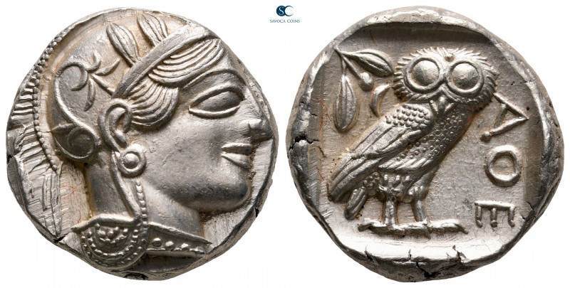 Attica. Athens circa 454-404 BC.
Tetradrachm AR

25 mm, 17,28 g

Head of At...
