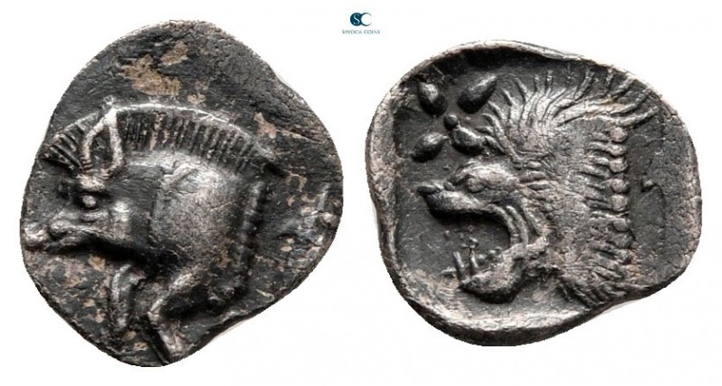 Mysia. Kyzikos circa 525-475 BC. 
Hemiobol AR

9 mm, 0,40 g

Forepart of bo...