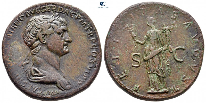 Trajan AD 98-117. Rome
Sestertius Æ

34 mm, 23,91 g

IMP CAES [NER TRA]IANO...