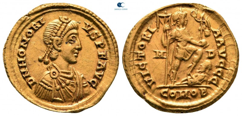 Honorius AD 393-423. Mediolanum
Solidus AV

22 mm, 4,39 g

DN HONORIVS PF A...