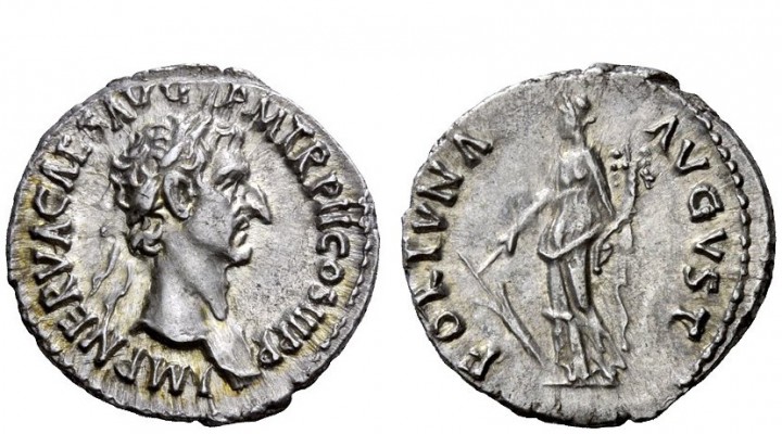 The Roman Empire 
 Nerva, 96 – 98 
 Denarius 97, AV 3.49 g. IMP NERVA CAES AVG...