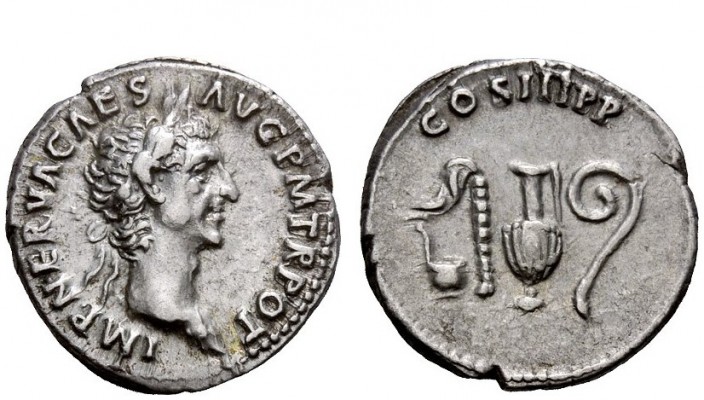 The Roman Empire 
 Nerva, 96 – 98 
 Denarius 97, AR 3.57 g. IMP NERVA CAES – A...