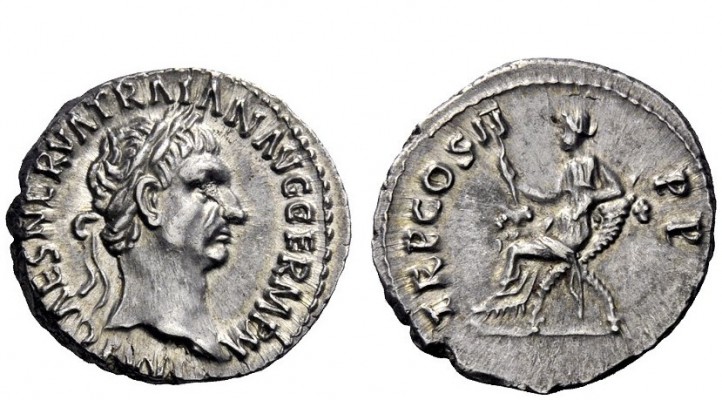 The Roman Empire 
 Trajan, 98 – 117 
 Denarius Autumn 98-End 99, AR 3.24 g. IM...