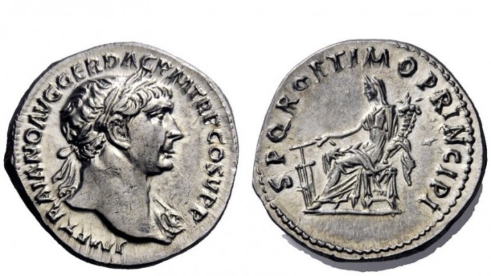 The Roman Empire 
 Trajan, 98 – 117 
 Denarius circa 103-107, AR 3.49 g. IMP T...