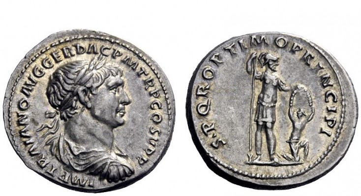 The Roman Empire 
 Trajan, 98 – 117 
 Denarius circa 106-107, AR 3.51 g. IMP T...