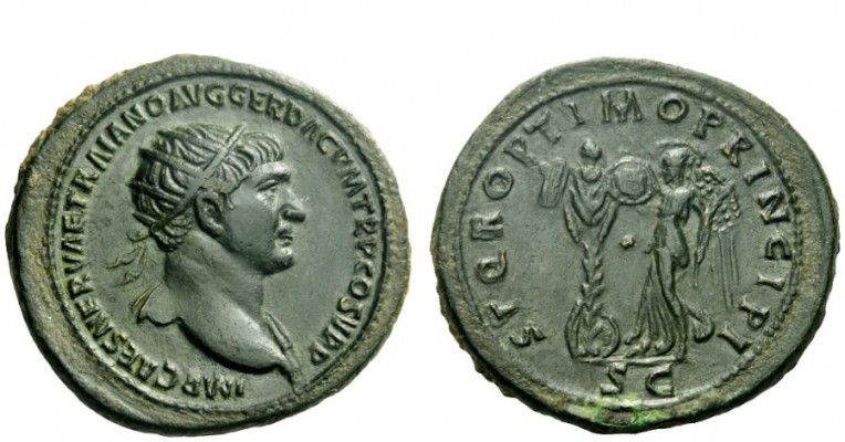 The Roman Empire 
 Trajan, 98 – 117 
 Dupondius circa 106-107, Æ 13.42 g. IMP ...