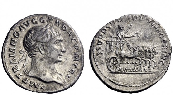 The Roman Empire 
 Trajan, 98 – 117 
 Denarius 2nd half 107-108, AR 3.25 g. IM...