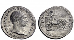 The Roman Empire 
 Trajan, 98 – 117 
 Denarius 2nd half 107-108, AR 3.25 g. IMP TRAIANO AVG GER DAC P M TR P Laureate bust r., with drapery on l. sh...