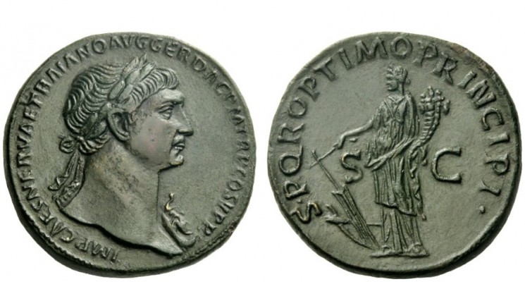 The Roman Empire 
 Trajan, 98 – 117 
 Sestertius circa 108-110, Æ 26.30 g. IMP...