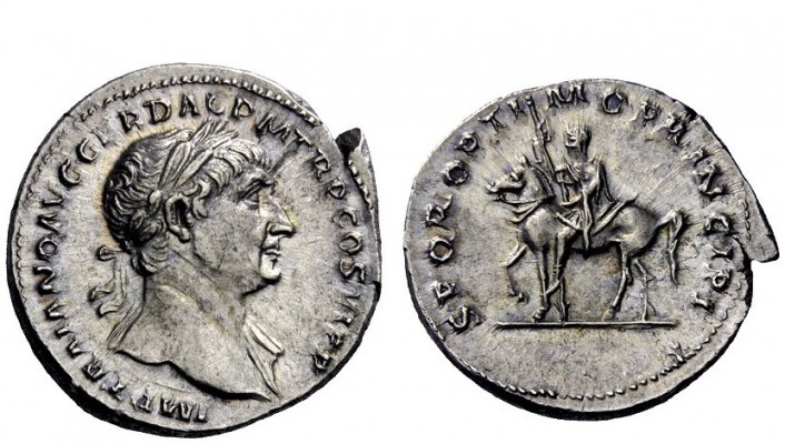The Roman Empire 
 Trajan, 98 – 117 
 Denarius circa 112-113, AR 3.52 g. IMP T...