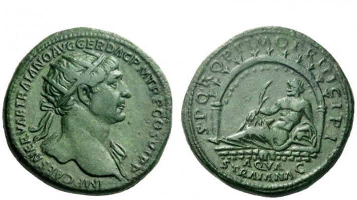 The Roman Empire 
 Trajan, 98 – 117 
 Dupondius circa 112-113, Æ 14.39 g. IMP ...