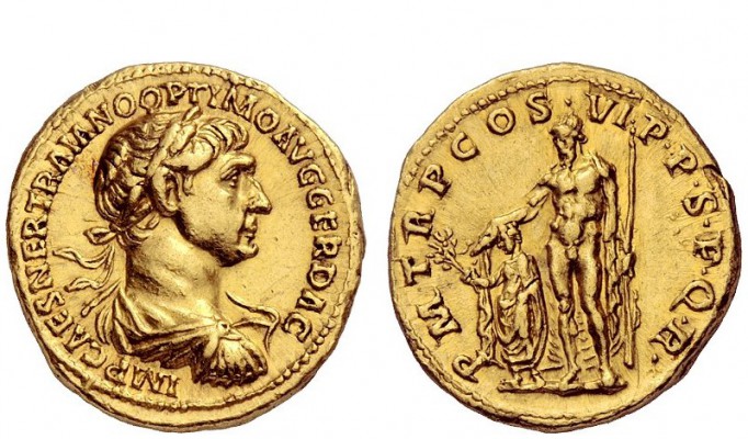 The Roman Empire 
 Trajan, 98 – 117 
 Aureus Winter 114-Spring 115, AV 7.18 g....