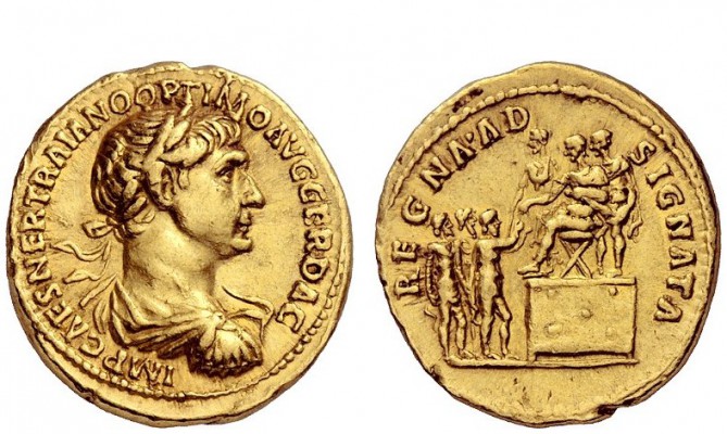 The Roman Empire 
 Trajan, 98 – 117 
 Aureus Winter 114-beginning 116, AV 7.41...