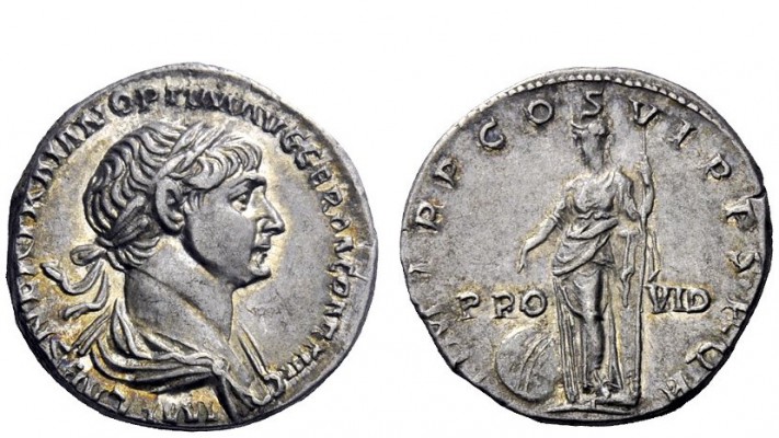 The Roman Empire 
 Trajan, 98 – 117 
 Denarius 20th February-Autumn 116, AR 3....
