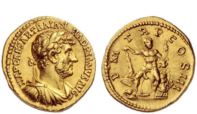 The Roman Empire 
 Hadrian, 117 – 138 
 Aureus 119-122, AV 7.29 g. IMP CAESAR ...