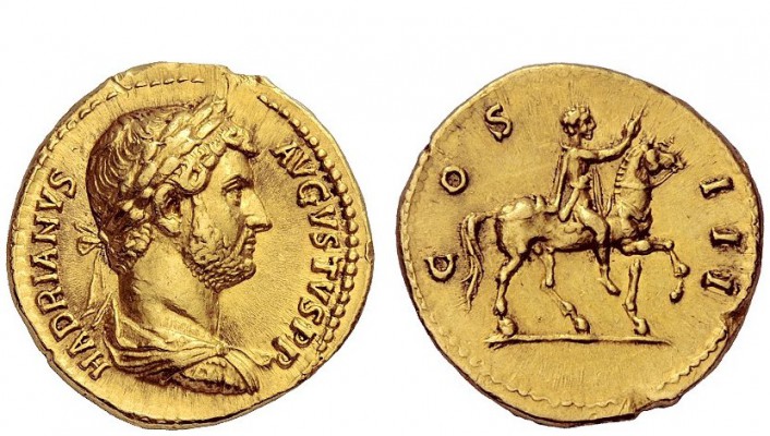 The Roman Empire 
 Hadrian, 117 – 138 
 Aureus 128-132, AV 7.44 g. HADRIANVS –...