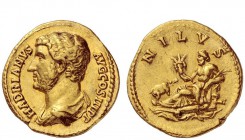 The Roman Empire 
 Hadrian, 117 – 138 
 Aureus 136, AV 7.35 g. HADRIANVS – AVG COS III P P Bare-headed and draped bust l. Rev. NILVS Nilus reclining...