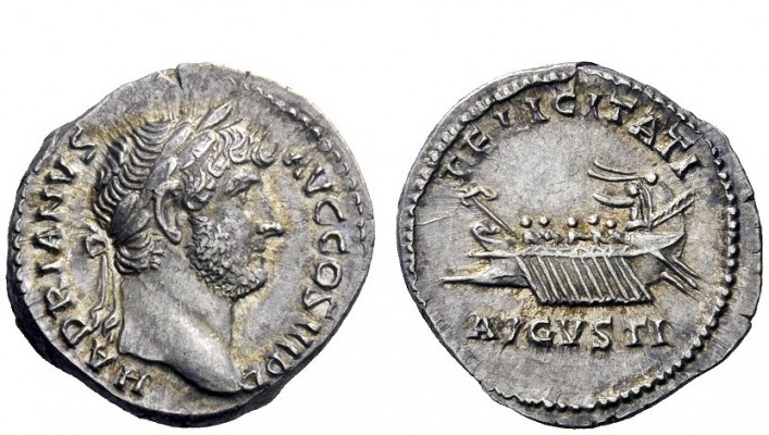 The Roman Empire 
 Hadrian, 117 – 138 
 Denarius circa 134-138, AR 3.41 g. HAD...