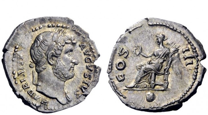 The Roman Empire 
 Hadrian, 117 – 138 
 Denarius circa 134-138, AR 3.42 g. HAD...